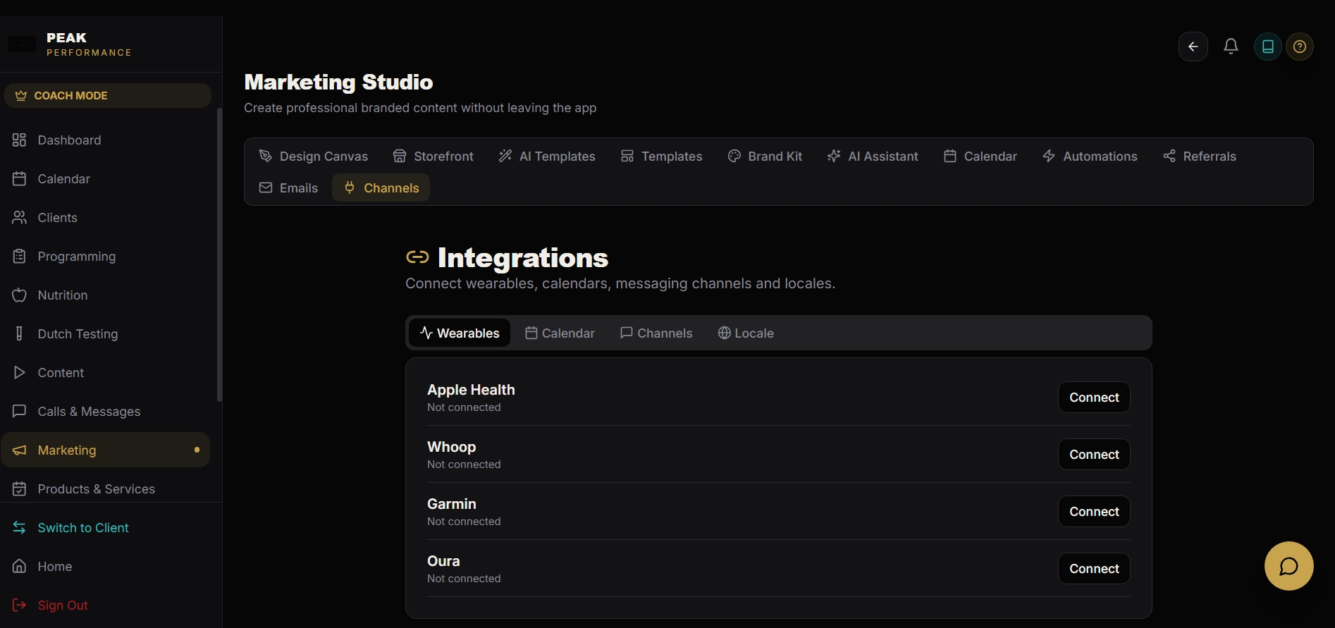 Peak Performance — Integrations — wearables, calendar and channels
