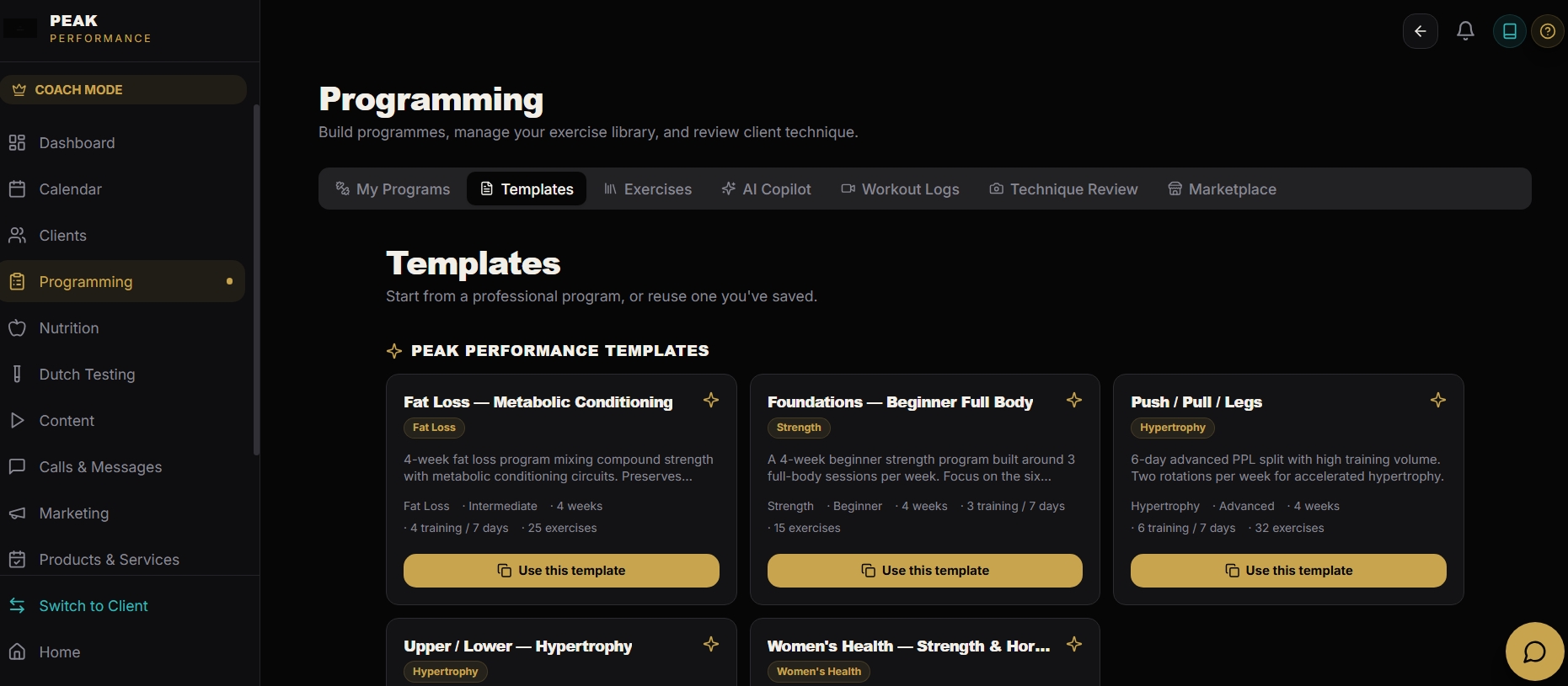 Peak Performance — Program builder — programme templates