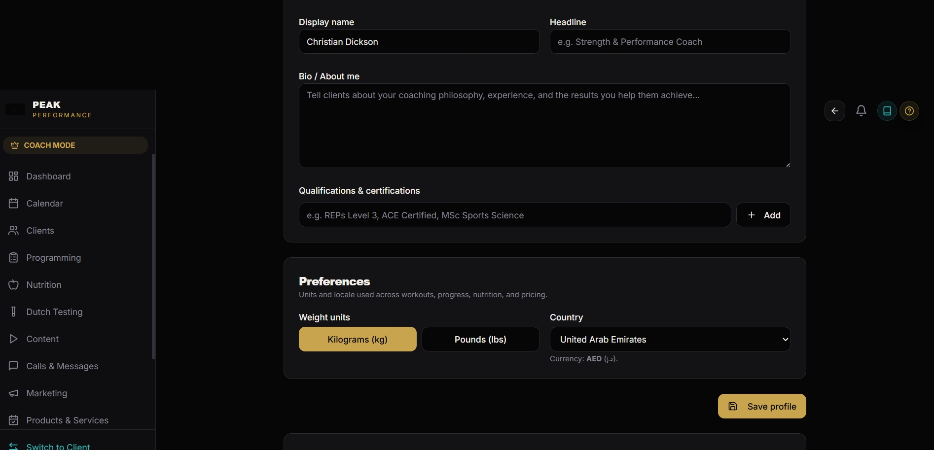 Peak Performance — Coach profile — credentials and preferences