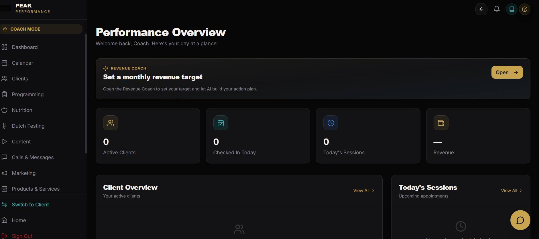 Peak Performance coach dashboard showing the Performance Overview screen