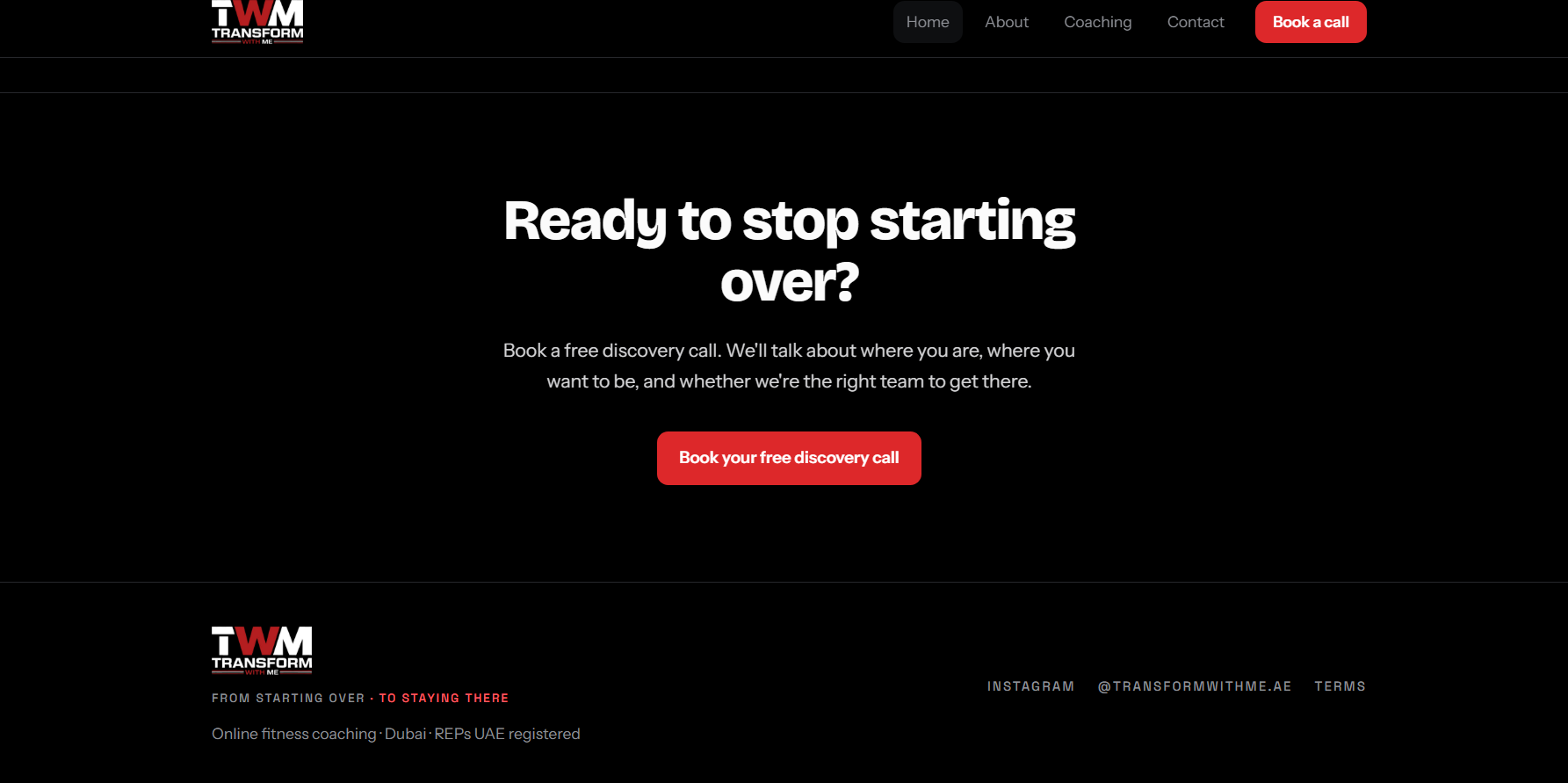 Transform With Me discovery call booking section and footer