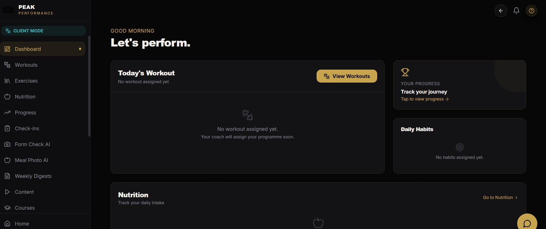 Peak Performance — Client dashboard — workouts, habits and nutrition